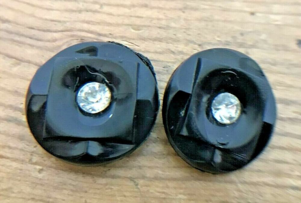 Vintage Set Pair 2 Black Paste Sparkle Rhinestone Round Circle Plastic Buttons